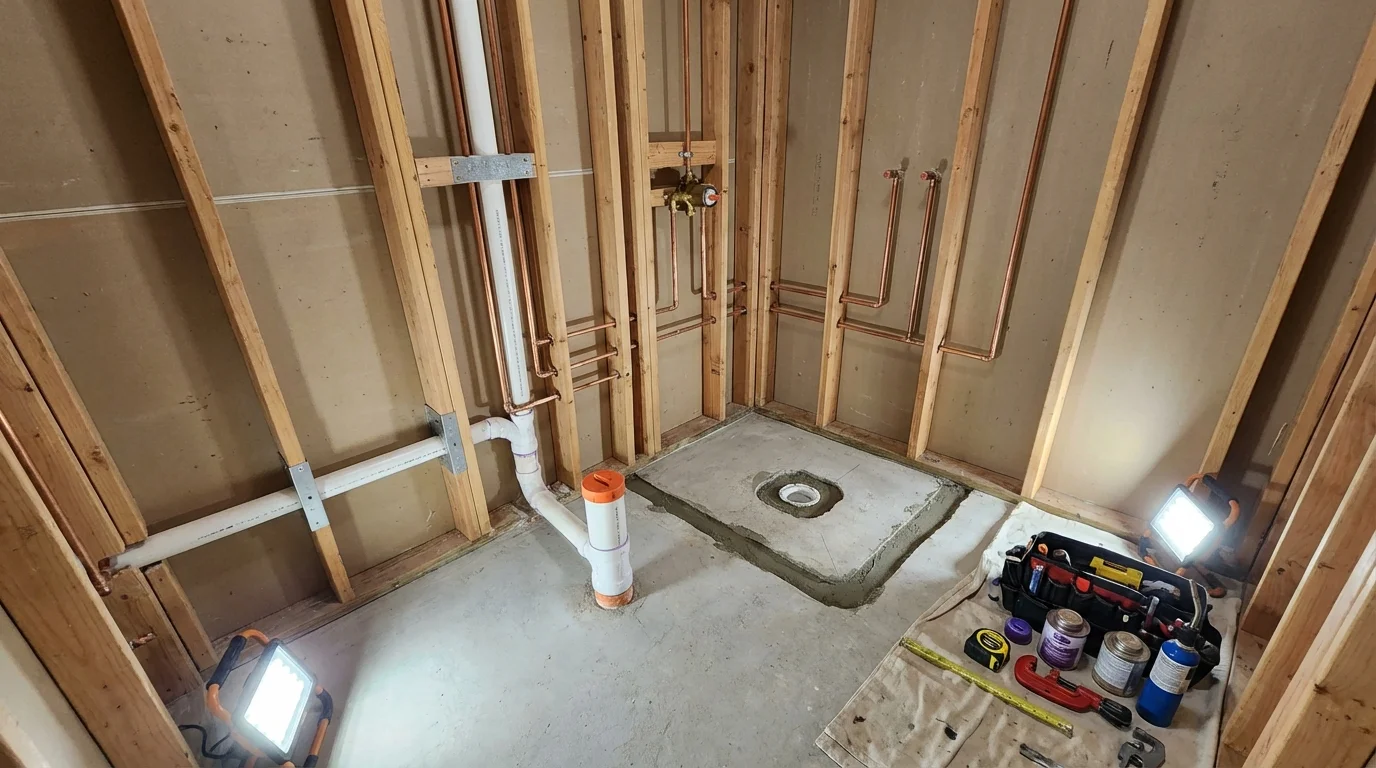 Bathroom rough-in plumbing during remodel by Johns Plumbing LLC in Perryopolis