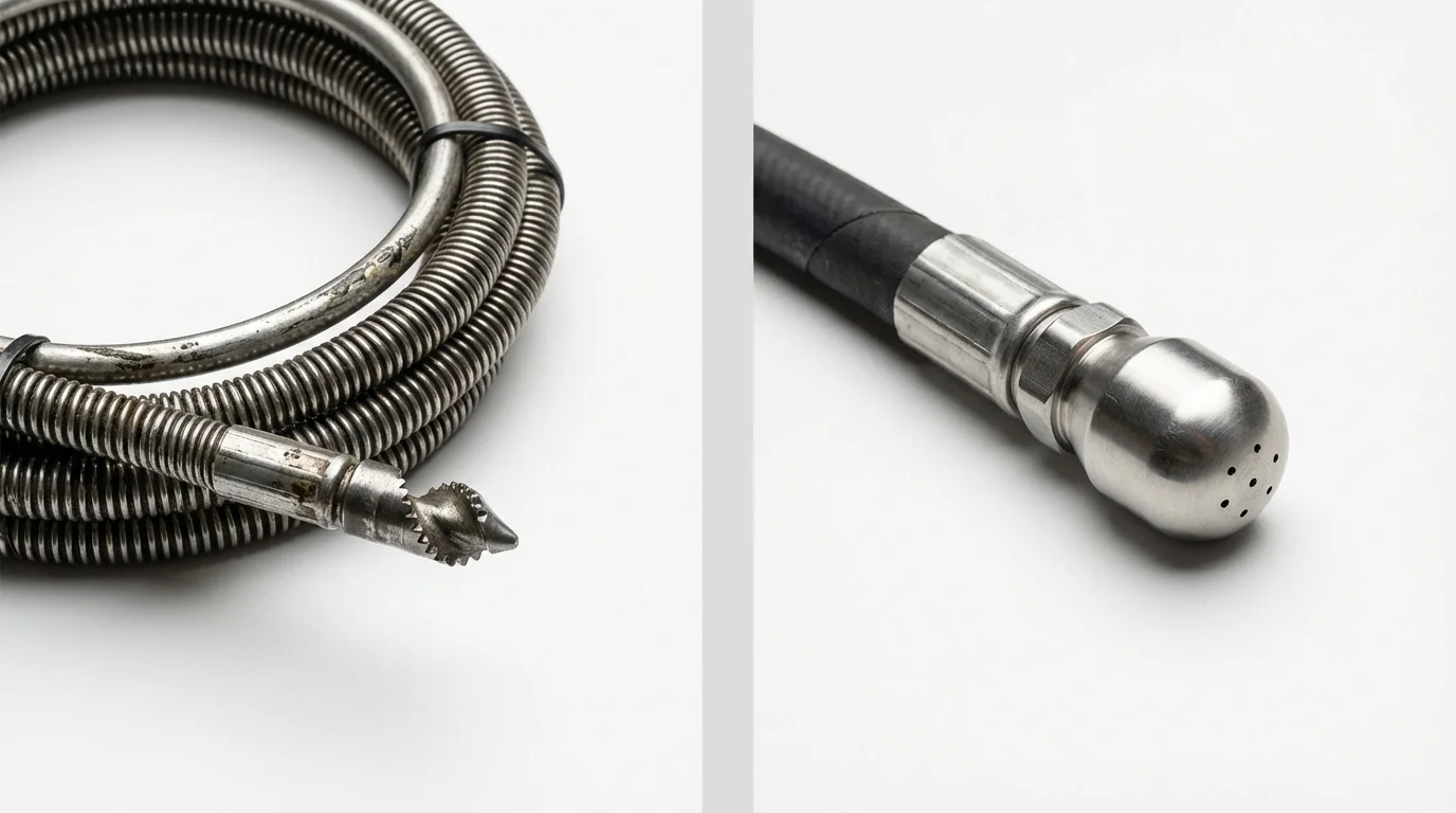 Drain snake cable and hydro jetting nozzle used for drain cleaning in Perryopolis, PA