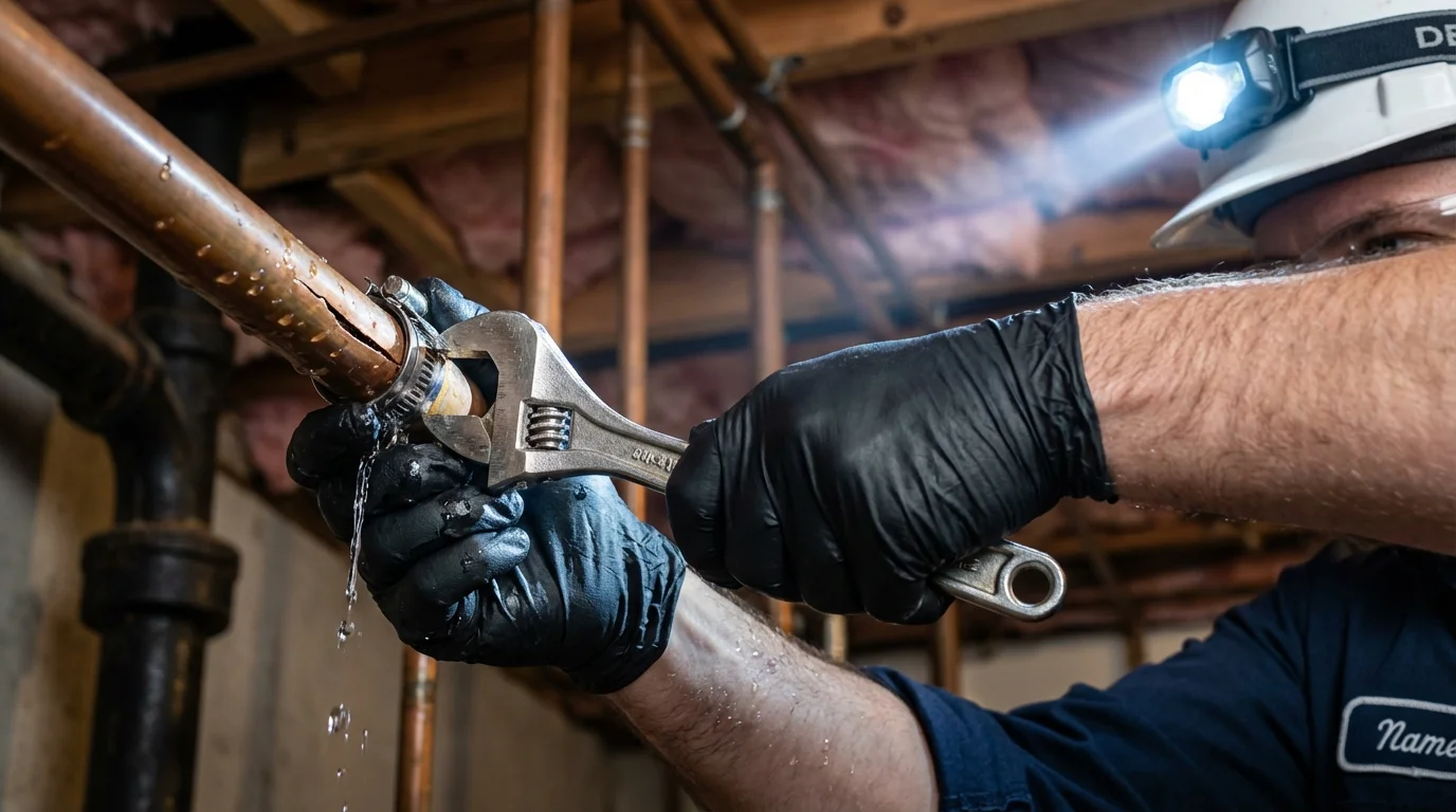 Emergency pipe clamp repair being performed by a Johns Plumbing LLC plumber in Perryopolis