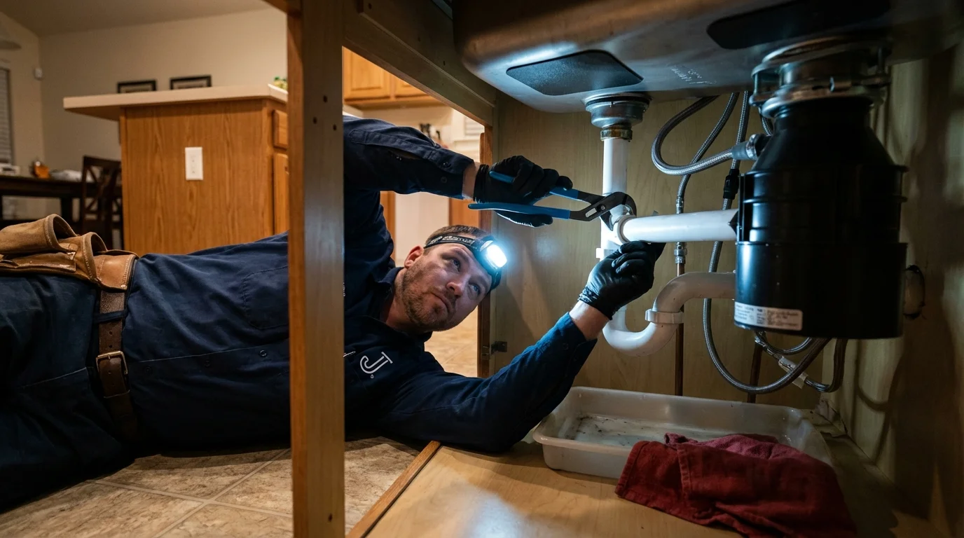 P-trap and supply line connections under a kitchen sink showing a common leak point in Perryopolis, PA